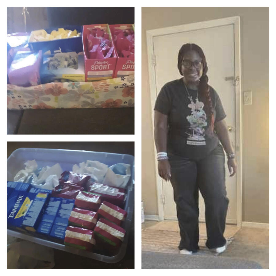 Period Project Picture of Shekinah Thomas with period products to distribute through the "Period Project."